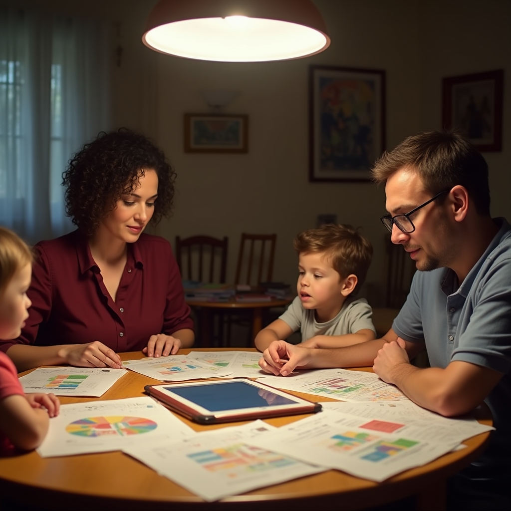 Famiglia con due bambini seduta a tavola che discute le spese mensili