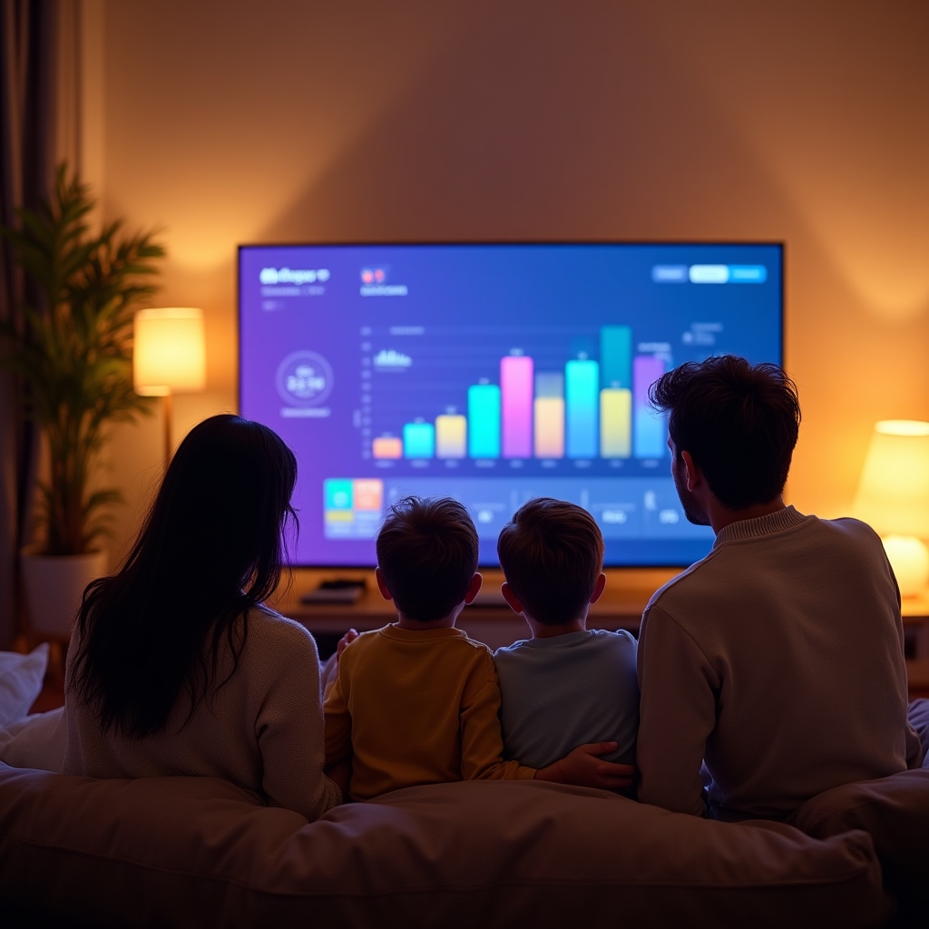 Famiglia che interagisce con uno schermo digitale per gestire il budget mensile