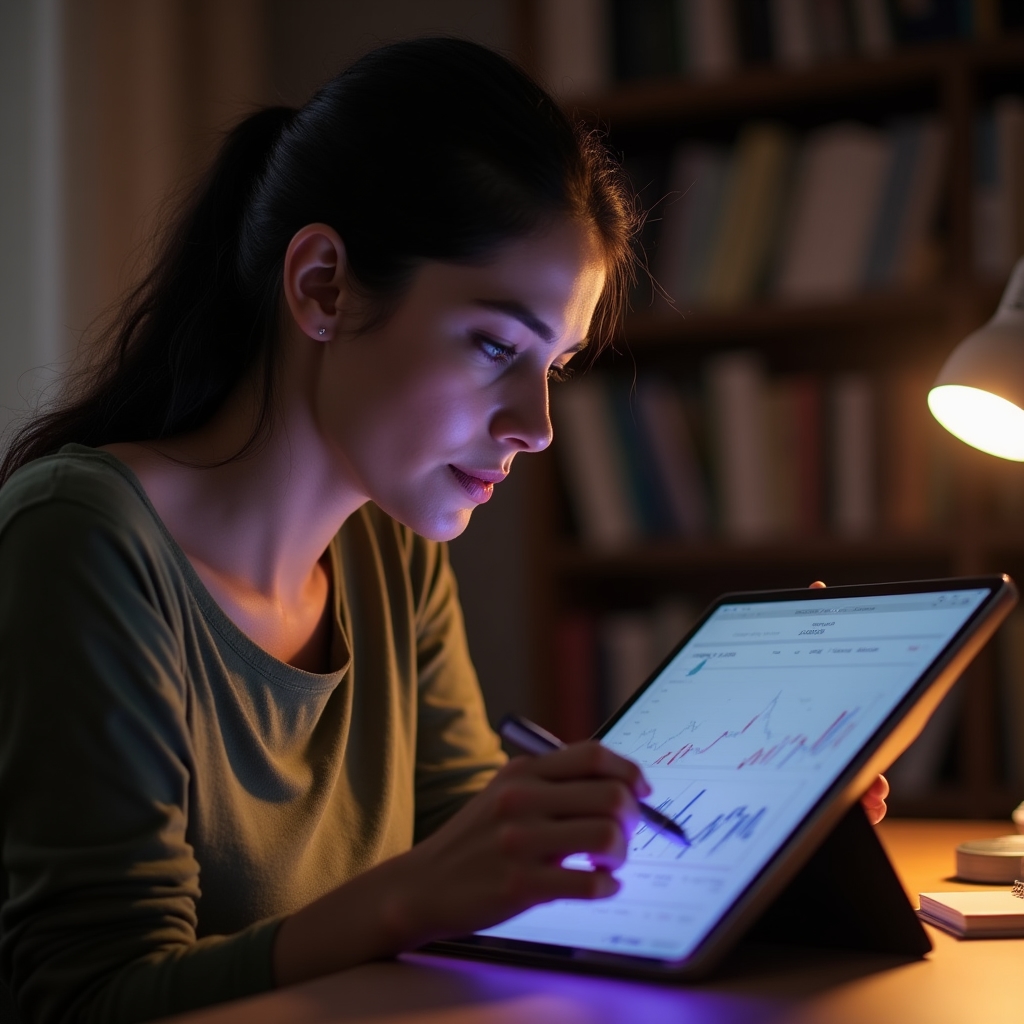 Genitore che utilizza un tablet per gestire le finanze familiari in un ambiente domestico moderno