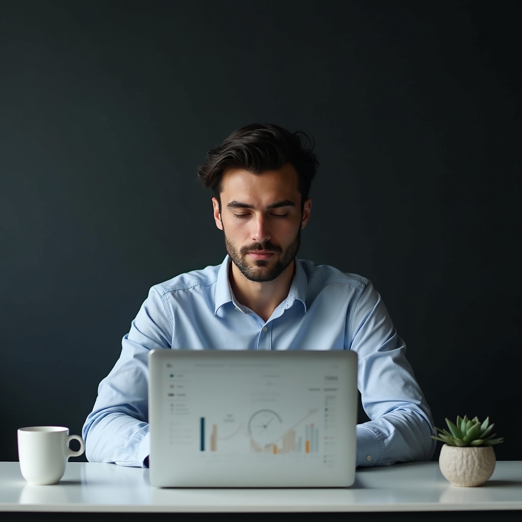 Giovane lavoratore davanti al laptop che analizza il suo piano di risparmio mensile